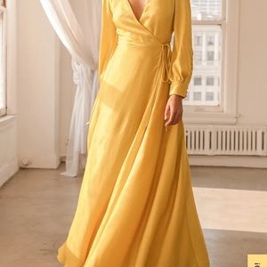 Have Faith Yellow Satin Button Sleeve Wrap Maxi Dress